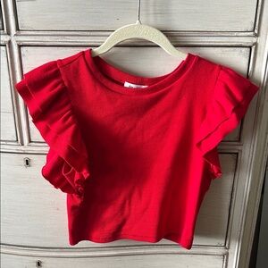 Womens Red Ruffle Sleeve Tee - Classic Crew Neck